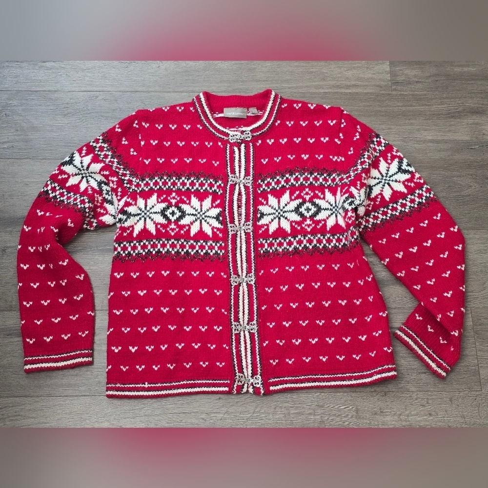Croft & Barrow Christmas Holiday Sweater Cardigan Unique Button Details 1% Wool
